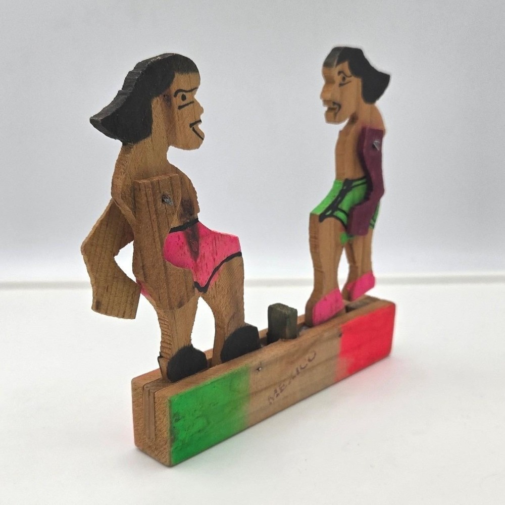 Vintage‎ Mexican Wooden Boxing Toy - Hand-Painted Mechanical Folk Art Moveable